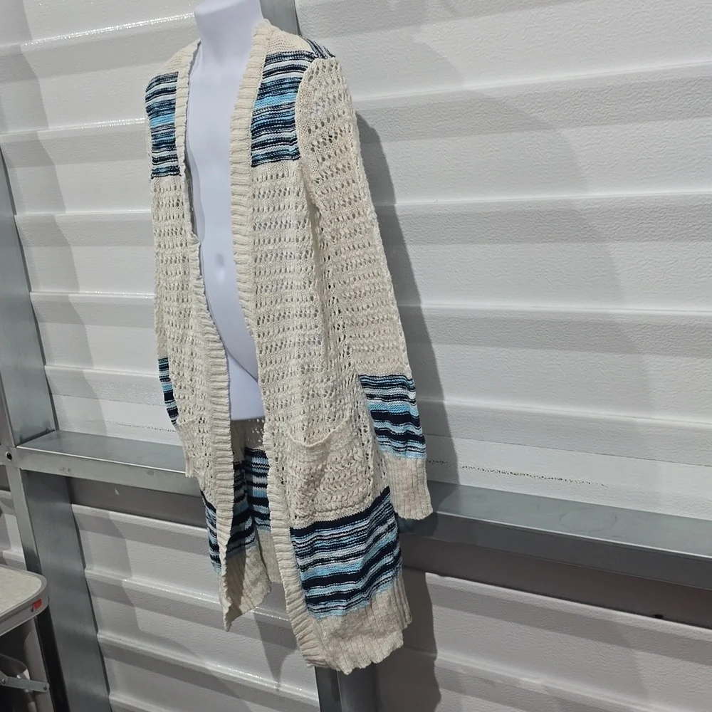 Justice Blue and White Crocheted‎ Style Long Sweater Size 10